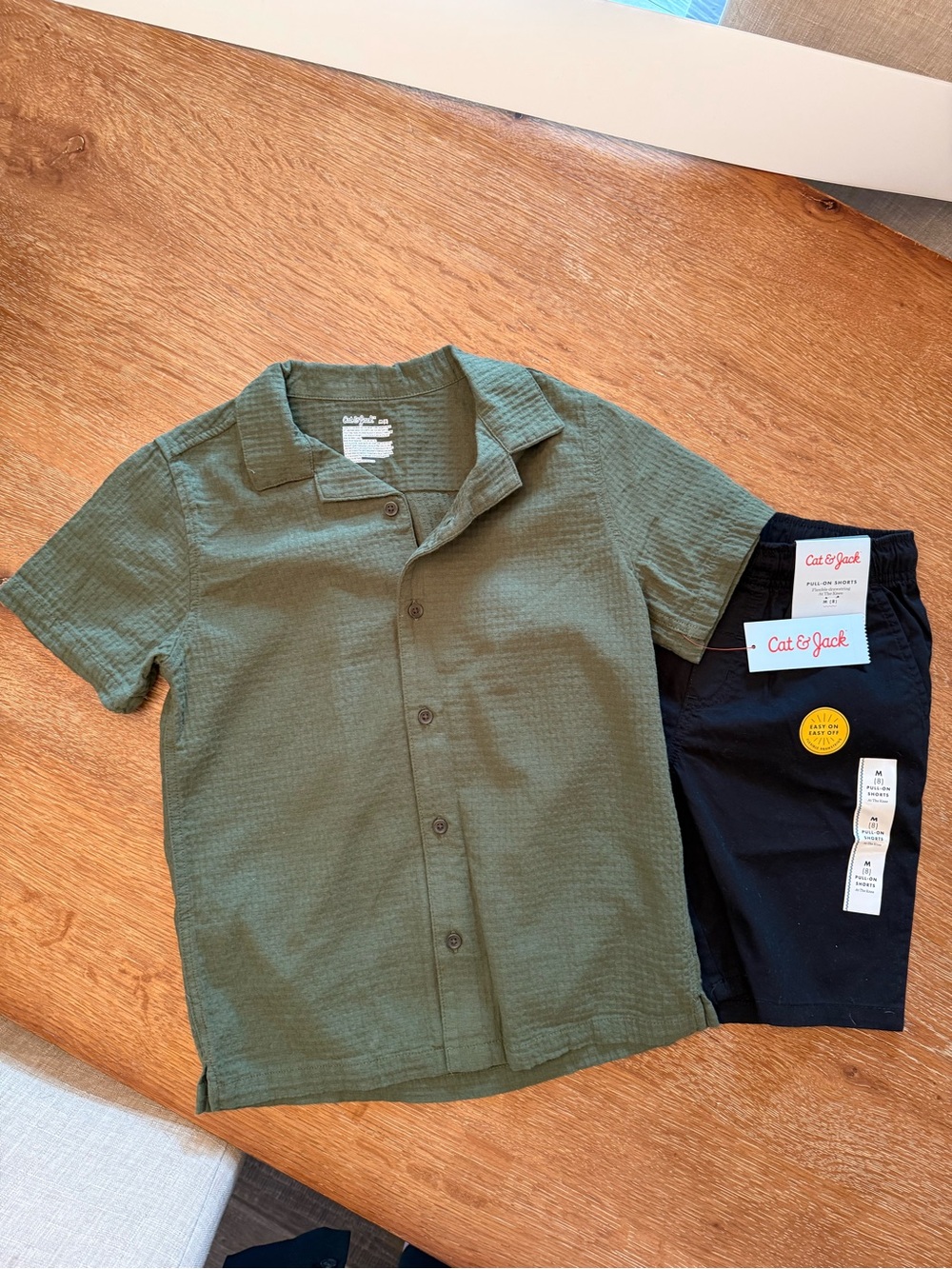 Cat & Jack Olive Green Short Sleeve Button-Front Shirt and Black Shorts for Kids